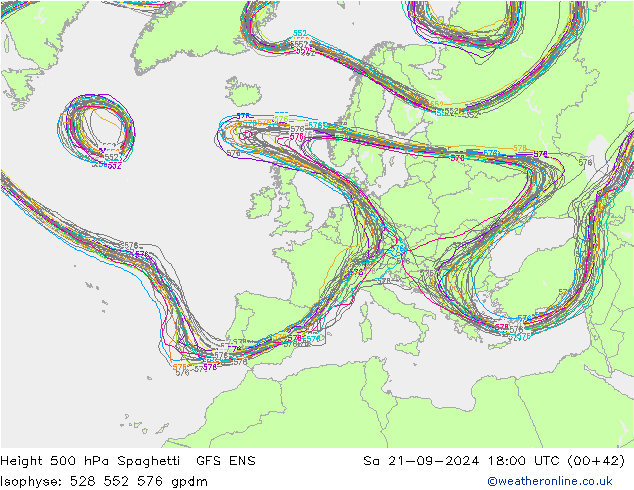 Height 500 hPa Spaghetti GFS ENS Sa 21.09.2024 18 UTC