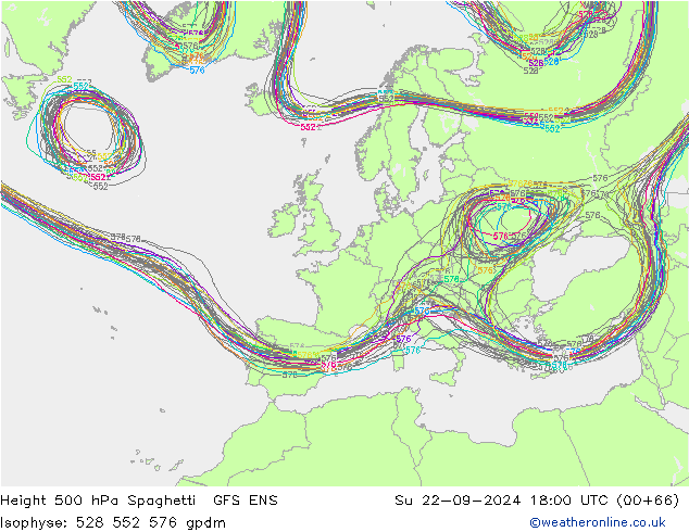 Height 500 hPa Spaghetti GFS ENS  22.09.2024 18 UTC