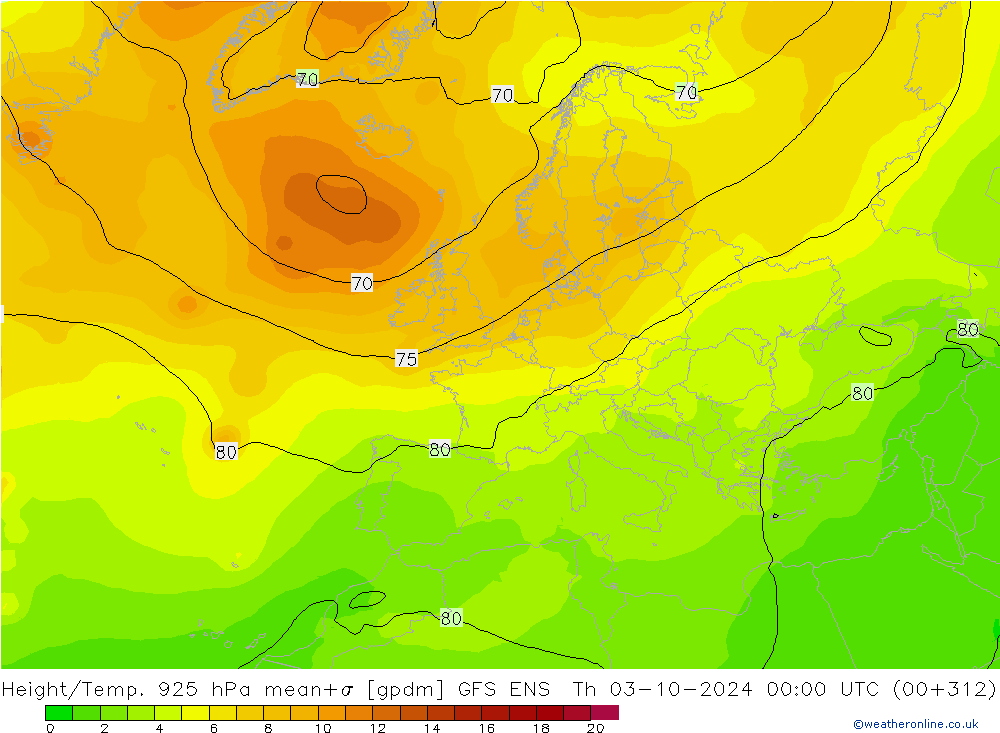 Geop./Temp. 925 hPa GFS ENS jue 03.10.2024 00 UTC