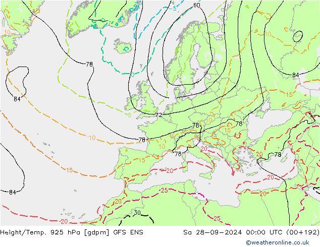 Height/Temp. 925 hPa GFS ENS Sa 28.09.2024 00 UTC