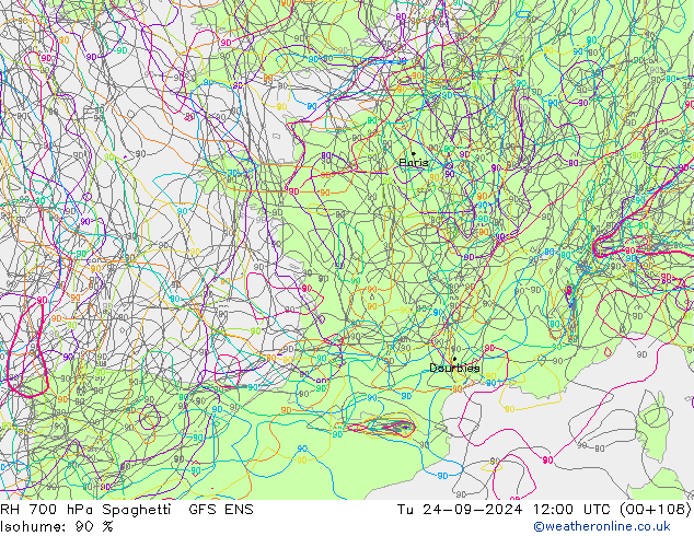 RH 700 hPa Spaghetti GFS ENS  24.09.2024 12 UTC