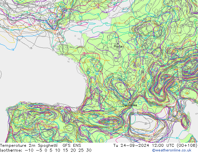 Temperature 2m Spaghetti GFS ENS Tu 24.09.2024 12 UTC