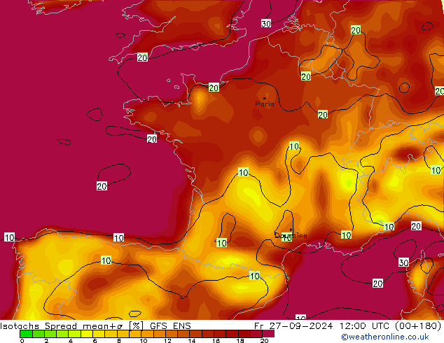 Isotachs Spread GFS ENS ven 27.09.2024 12 UTC