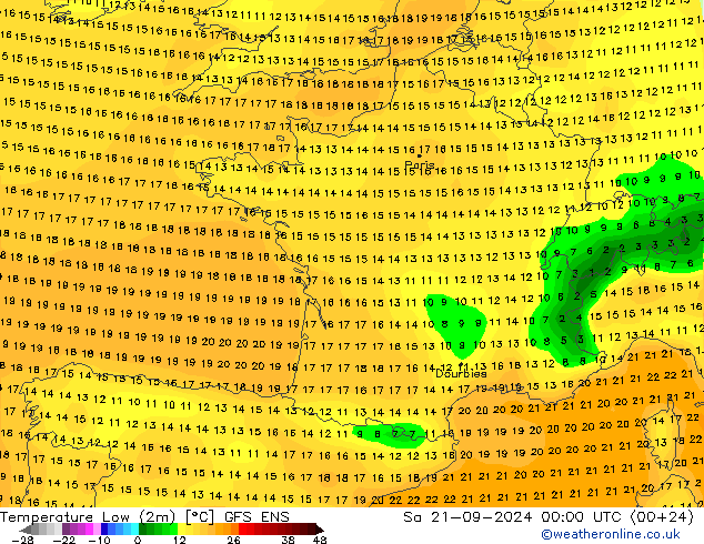 Nejnižší teplota (2m) GFS ENS So 21.09.2024 00 UTC