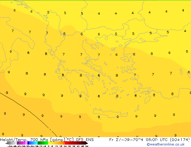 Hoogte/Temp. 700 hPa GFS ENS vr 27.09.2024 06 UTC