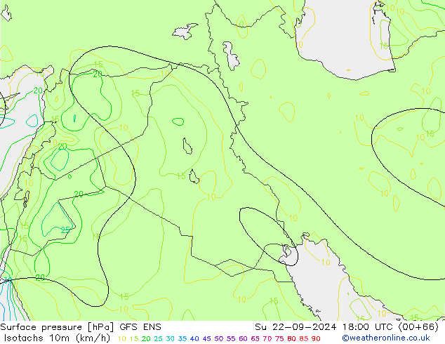 Isotachen (km/h) GFS ENS zo 22.09.2024 18 UTC