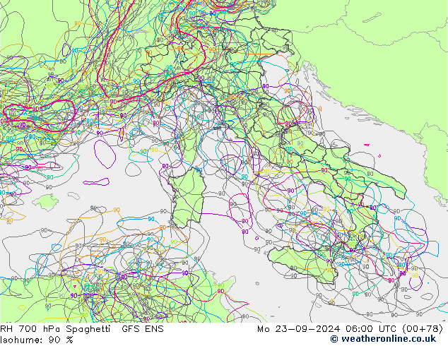 RH 700 hPa Spaghetti GFS ENS lun 23.09.2024 06 UTC