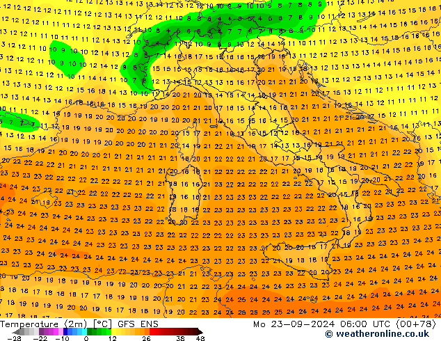 Temperatura (2m) GFS ENS lun 23.09.2024 06 UTC