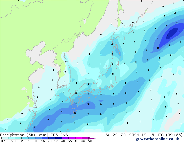 Precipitation (6h) GFS ENS Su 22.09.2024 18 UTC