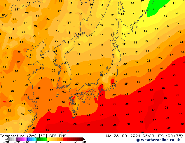 Temperatuurkaart (2m) GFS ENS ma 23.09.2024 06 UTC