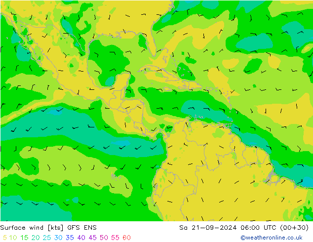 Vento 10 m GFS ENS sab 21.09.2024 06 UTC