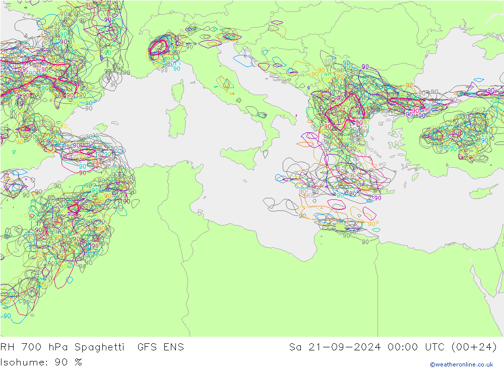 RH 700 hPa Spaghetti GFS ENS so. 21.09.2024 00 UTC