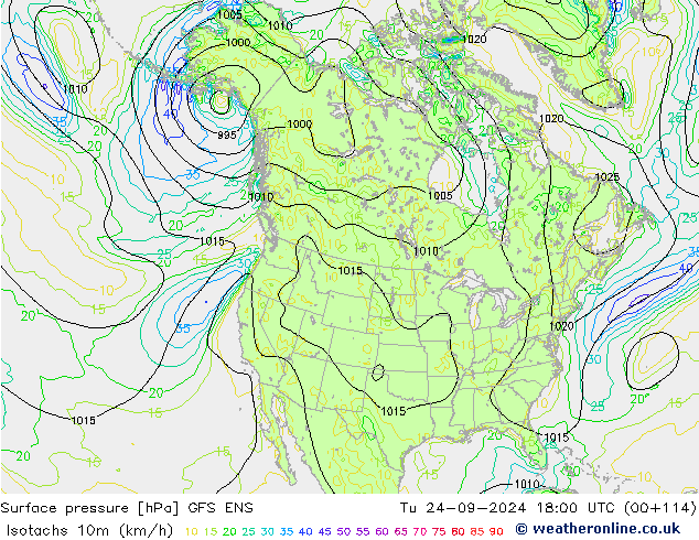 Izotacha (km/godz) GFS ENS wto. 24.09.2024 18 UTC