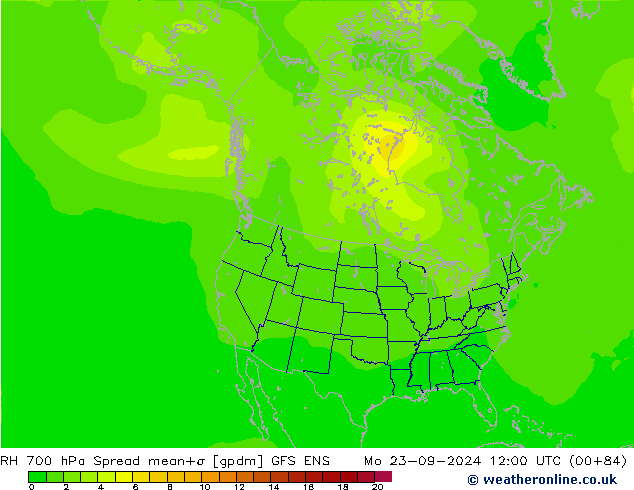 RH 700 hPa Spread GFS ENS lun 23.09.2024 12 UTC