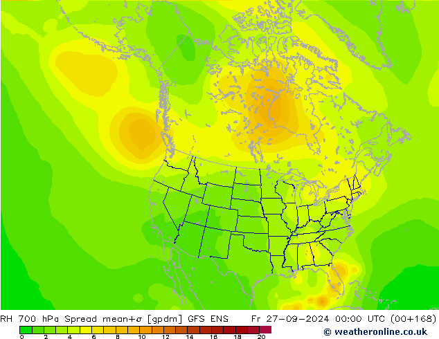 RH 700 hPa Spread GFS ENS Fr 27.09.2024 00 UTC