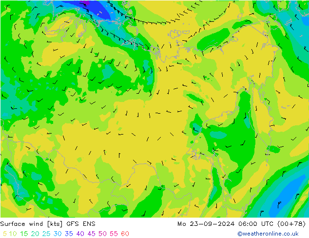 wiatr 10 m GFS ENS pon. 23.09.2024 06 UTC