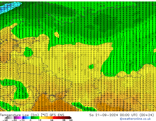 Temperature Low (2m) GFS ENS Sa 21.09.2024 00 UTC