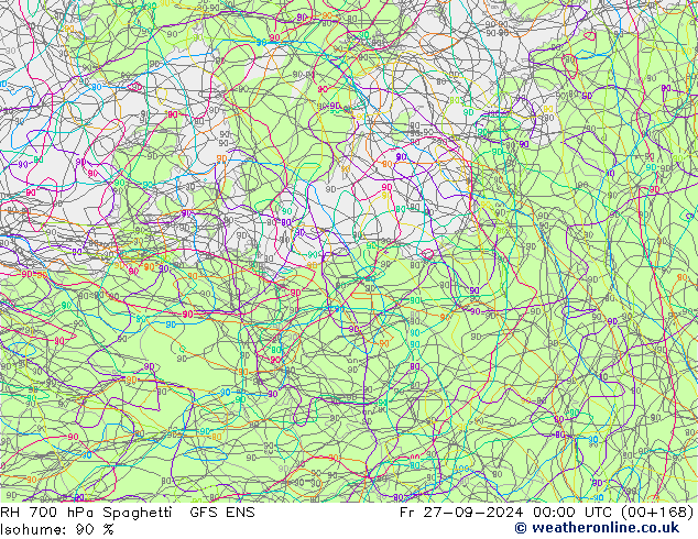 RH 700 hPa Spaghetti GFS ENS Fr 27.09.2024 00 UTC