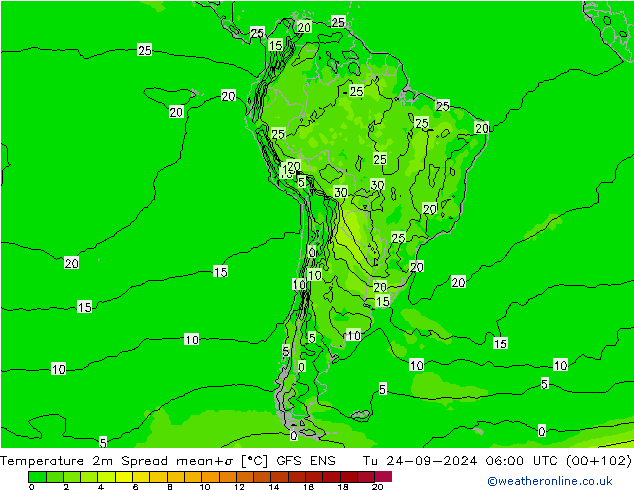 Temperature 2m Spread GFS ENS Út 24.09.2024 06 UTC