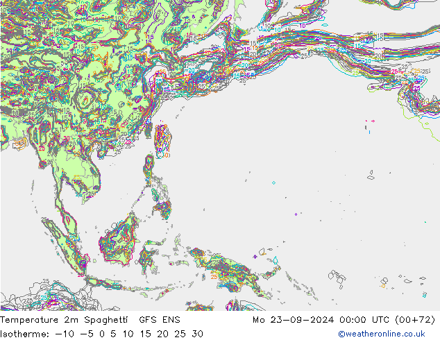 Temperature 2m Spaghetti GFS ENS Mo 23.09.2024 00 UTC