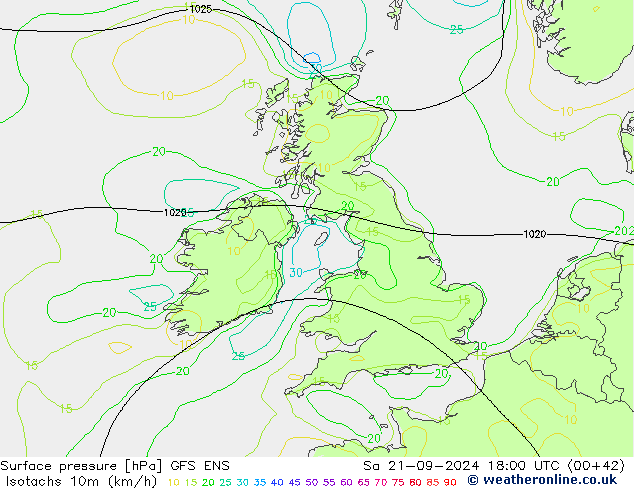 Isotachs (kph) GFS ENS sam 21.09.2024 18 UTC