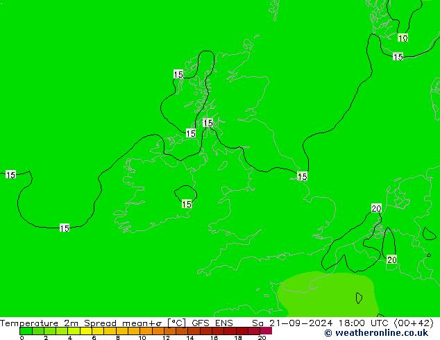 température 2m Spread GFS ENS sam 21.09.2024 18 UTC