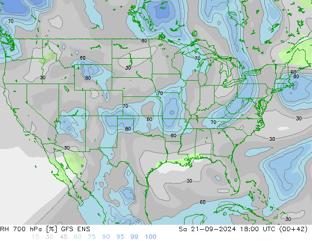 Humidité rel. 700 hPa GFS ENS sam 21.09.2024 18 UTC