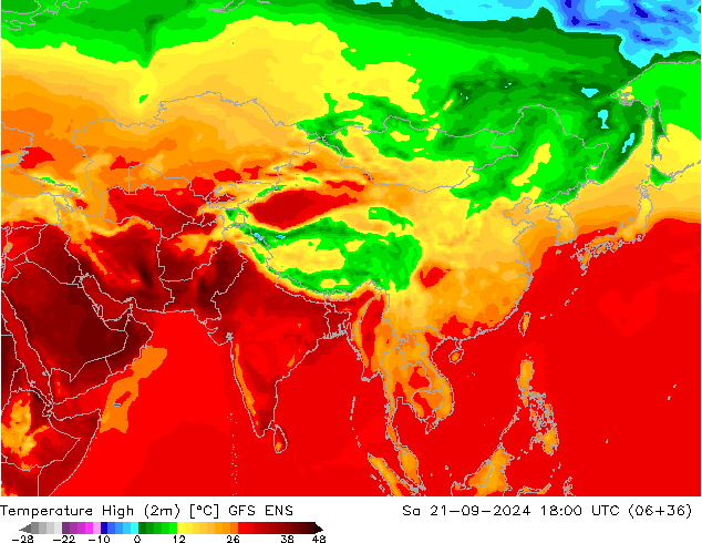 Temperatura máx. (2m) GFS ENS sáb 21.09.2024 18 UTC