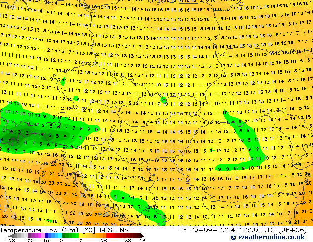 Nejnižší teplota (2m) GFS ENS Pá 20.09.2024 12 UTC