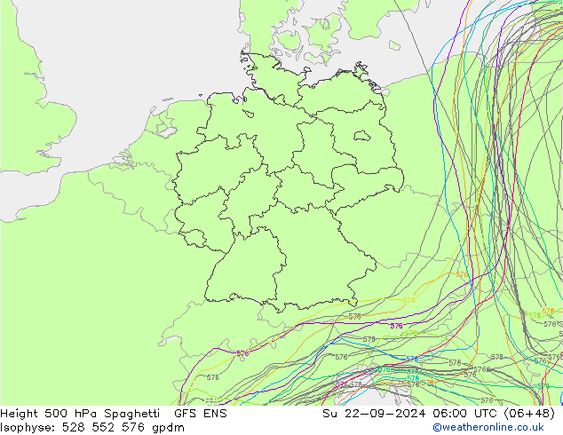 Height 500 hPa Spaghetti GFS ENS Su 22.09.2024 06 UTC