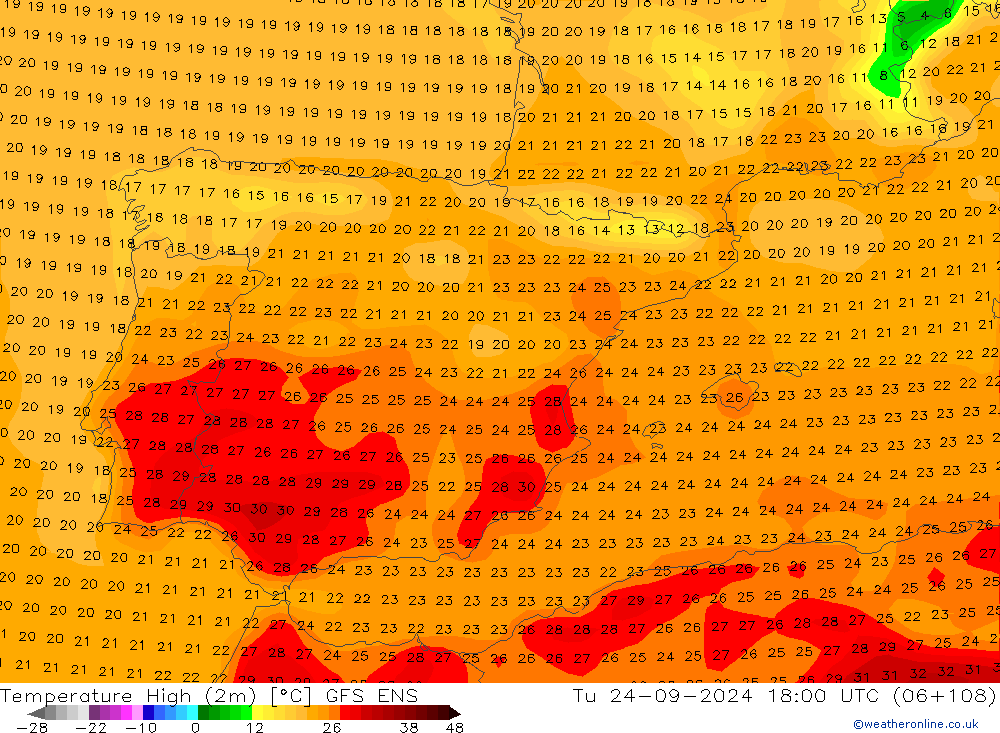 Nejvyšší teplota (2m) GFS ENS Út 24.09.2024 18 UTC