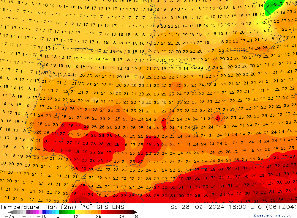 Höchstwerte (2m) GFS ENS Sa 28.09.2024 18 UTC