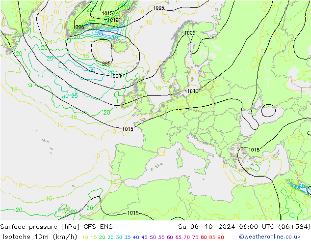 Isotachen (km/h) GFS ENS So 06.10.2024 06 UTC