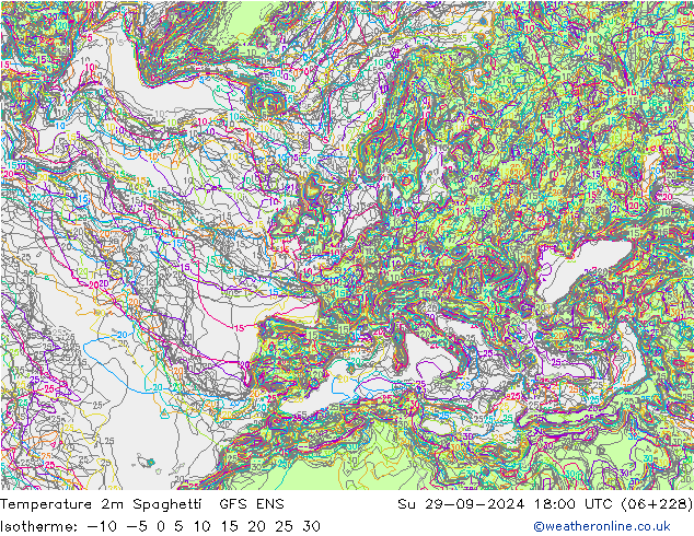 Temperature 2m Spaghetti GFS ENS Su 29.09.2024 18 UTC