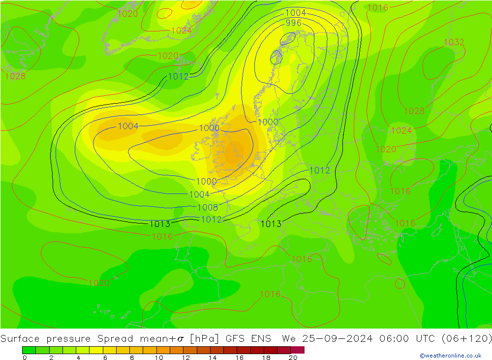 Surface pressure Spread GFS ENS We 25.09.2024 06 UTC