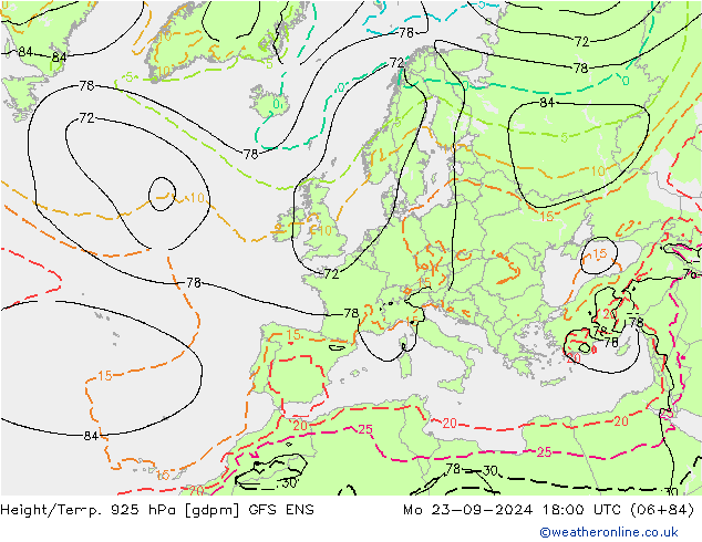 Height/Temp. 925 hPa GFS ENS Mo 23.09.2024 18 UTC