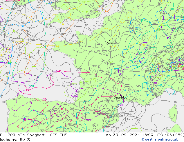 RH 700 hPa Spaghetti GFS ENS Seg 30.09.2024 18 UTC