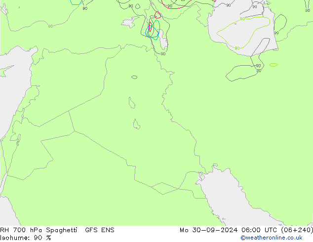 RH 700 гПа Spaghetti GFS ENS пн 30.09.2024 06 UTC