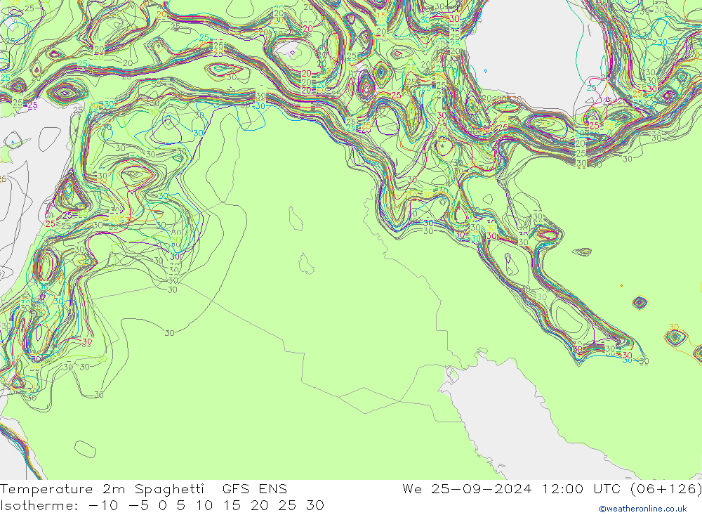 Temperature 2m Spaghetti GFS ENS We 25.09.2024 12 UTC