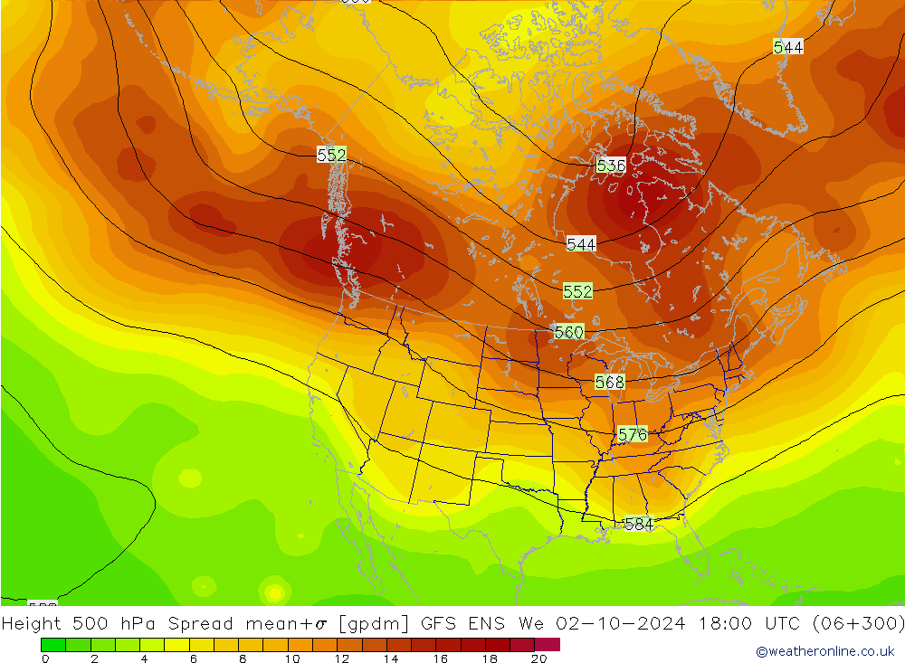 Height 500 hPa Spread GFS ENS mer 02.10.2024 18 UTC