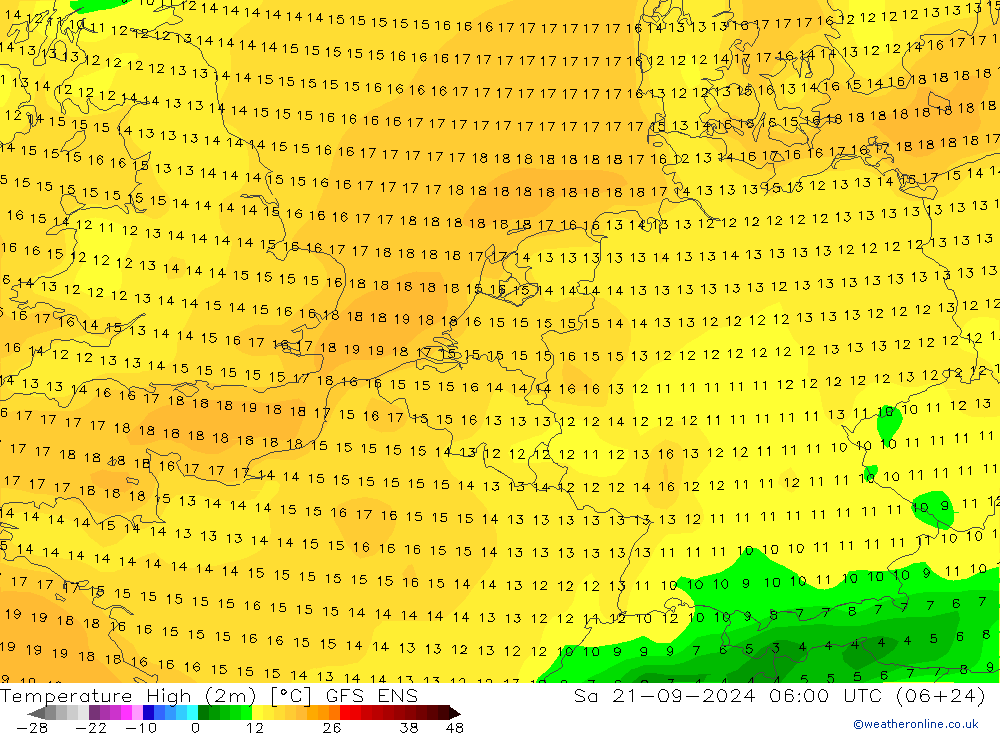 Temperature High (2m) GFS ENS Sa 21.09.2024 06 UTC