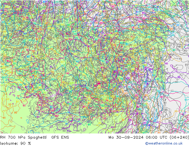 RH 700 hPa Spaghetti GFS ENS Mo 30.09.2024 06 UTC