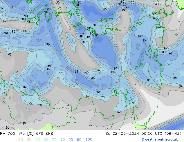 RH 700 hPa GFS ENS Su 22.09.2024 00 UTC