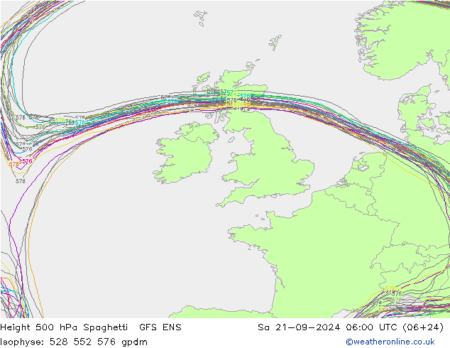 Height 500 гПа Spaghetti GFS ENS сб 21.09.2024 06 UTC