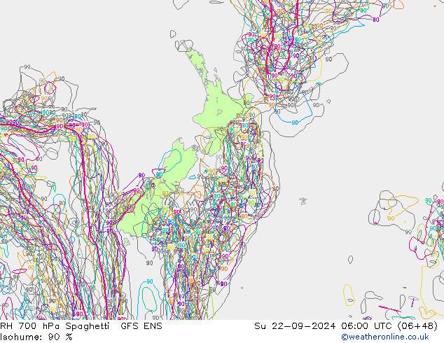 RH 700 hPa Spaghetti GFS ENS Su 22.09.2024 06 UTC