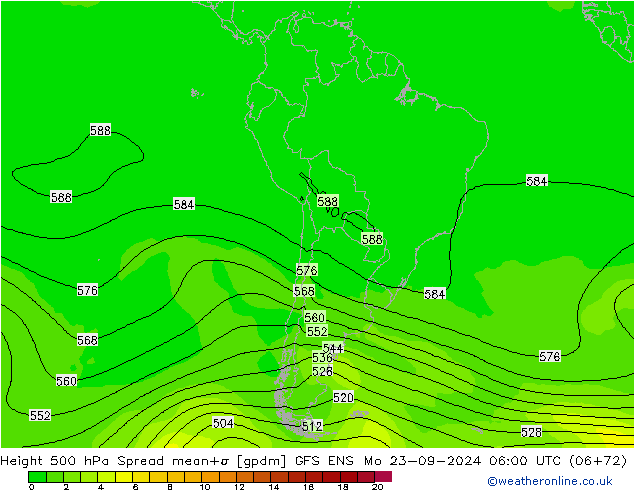 Height 500 гПа Spread GFS ENS пн 23.09.2024 06 UTC