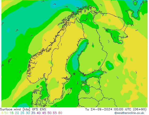 wiatr 10 m GFS ENS wto. 24.09.2024 00 UTC