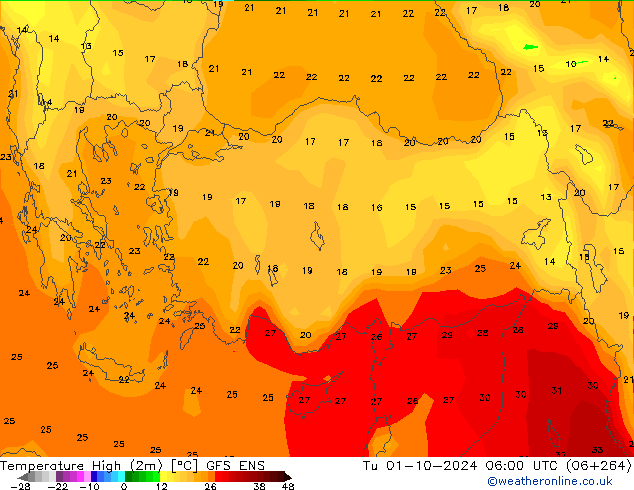 Nejvyšší teplota (2m) GFS ENS Út 01.10.2024 06 UTC