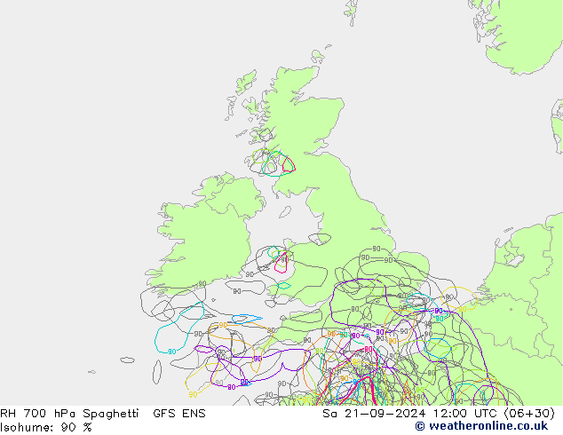 RH 700 hPa Spaghetti GFS ENS Sa 21.09.2024 12 UTC