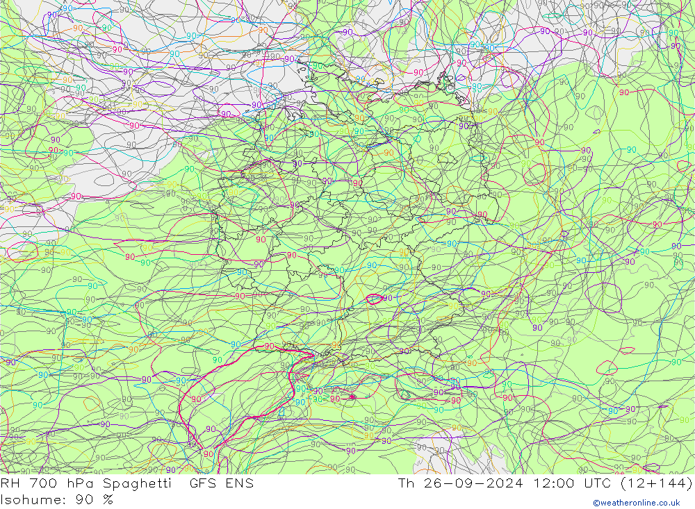 RH 700 hPa Spaghetti GFS ENS Th 26.09.2024 12 UTC